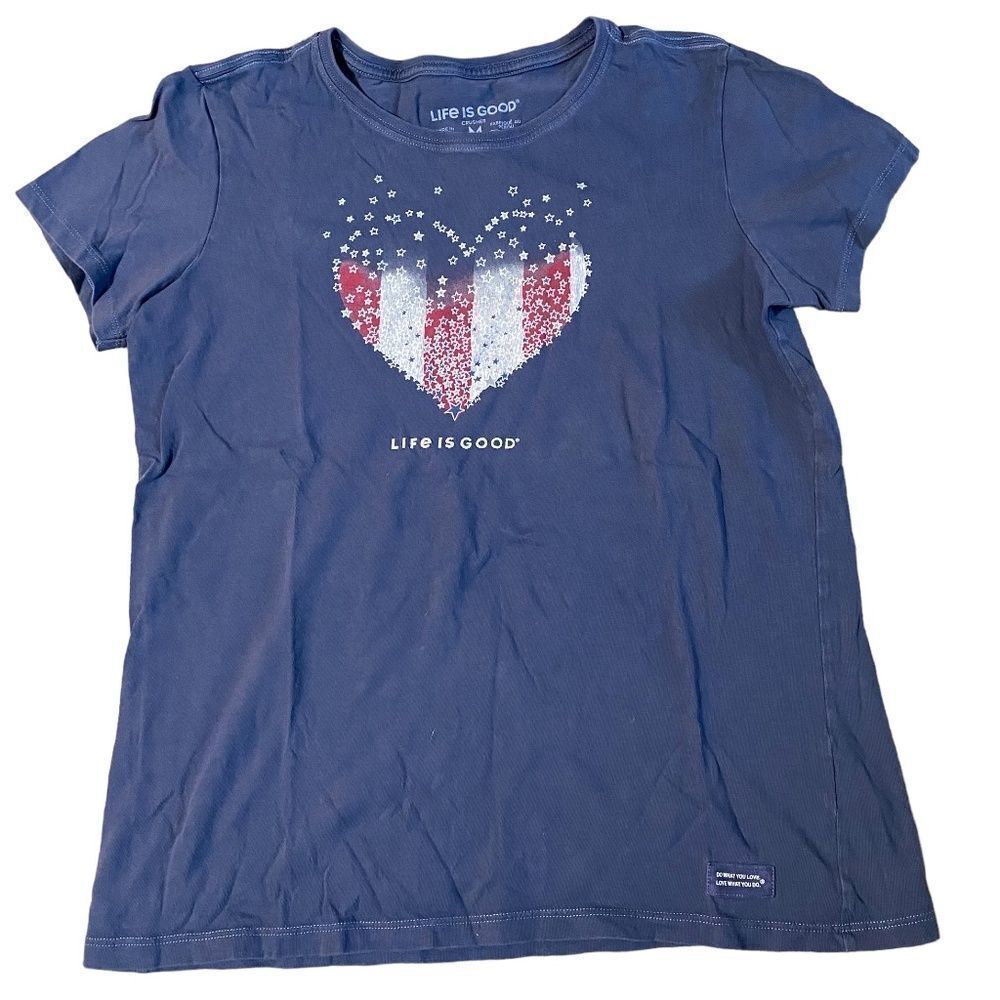 Life is good American flag heart Womens cotton t shirt